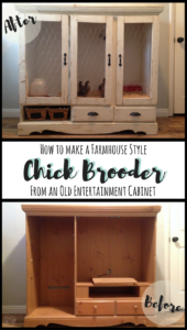 This beautiful DIY farmhouse chicken brooder is upcycled from an old entertainment cabinet! The website has step-by-step instructions on how they made it, too!