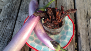 Eggplant jerky is a healthy & yummy snack and a great way to use extra eggplants from your garden! And, yes, it actually tastes like real jerky!