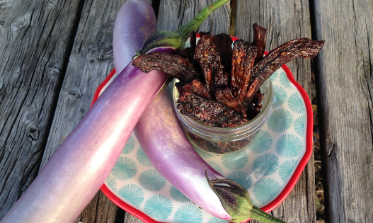 Eggplant jerky is a healthy & yummy snack and a great way to use extra eggplants from your garden! And, yes, it actually tastes like real jerky!