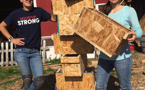 May 2019: Two people standing beside a stack of bee boxes