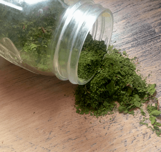 Mason jar tipped on side with green powder spilling out