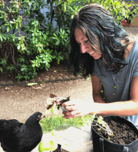 Woman holding seedling up to a black chicken