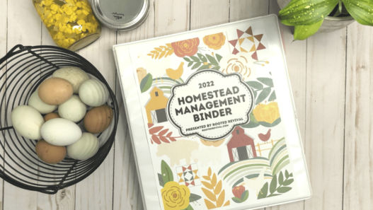 A white binder site on a pale wood background surrounded by an egg basket, a green plant and two glass jars of canned food. The cover of the binder shows images of farm scenes and has the title: 2022 Homestead Management Binder