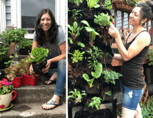 A split image: on the left, a woman sits on steps and holds a black felt pot with a large lettuce plant. On the right, the woman stands next to a vertical garden wall full of plants.