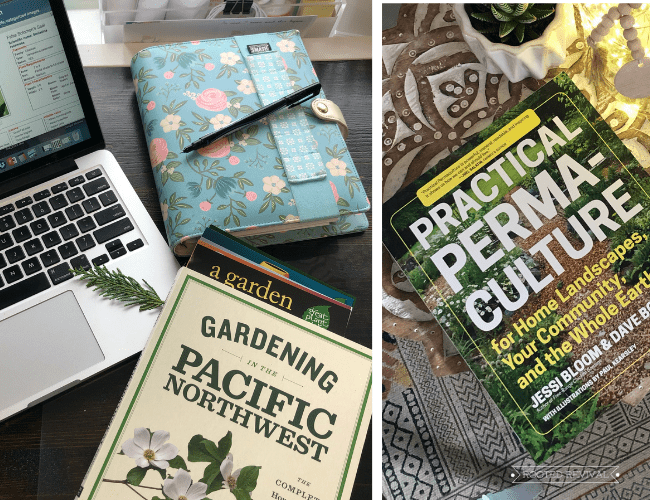 A split image: on the left, a computer sits open next to a floral notebook and a book title "Gardening in the Pacific Northwest". On the right, a book title "Practical Permaculture" sits on an ornate wood carved table.
