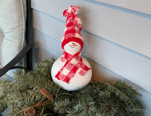 A snowman created from a gourd sits on a pine boughs. The snowman is painted white, has a painted face and red & white checkered scarf and hat made from a sock