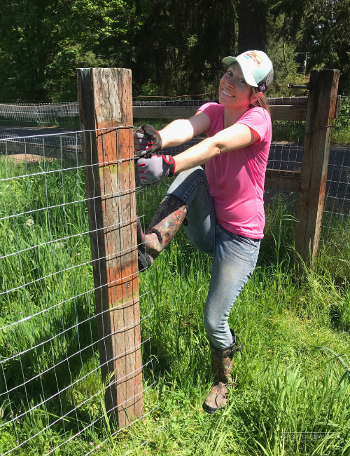 A woman in a baseball hat, a pink shirt, jeans and boots pulls of a line of woven fence. Her foot is braced against the fence pole for extra leverage. 