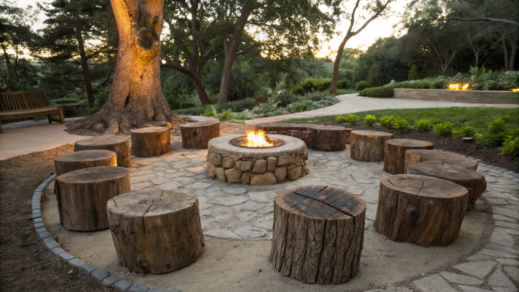 Fire Pit Built Around Tree Stumps as Seating
