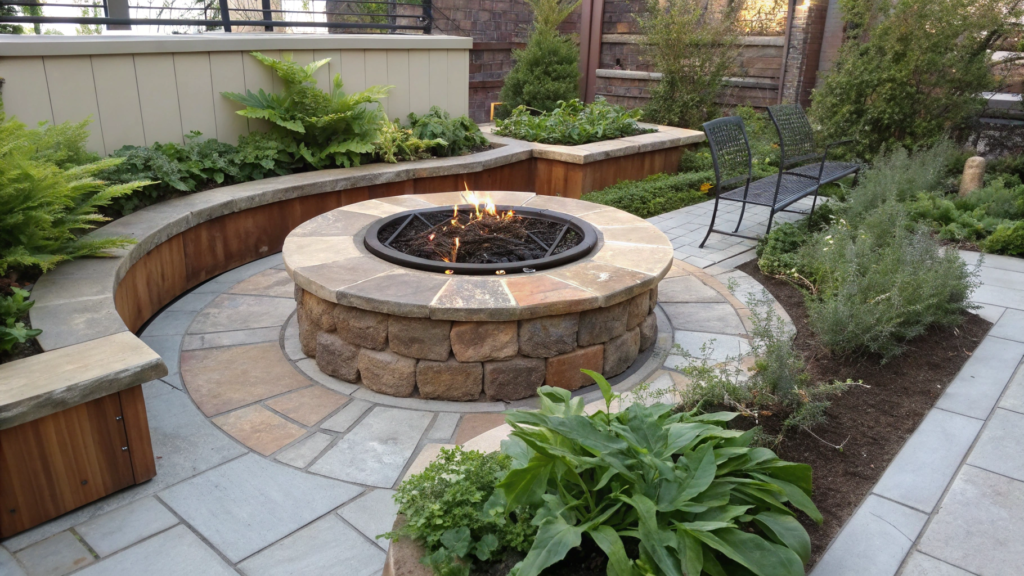 Raised Fire Pit with Planting Beds Around It