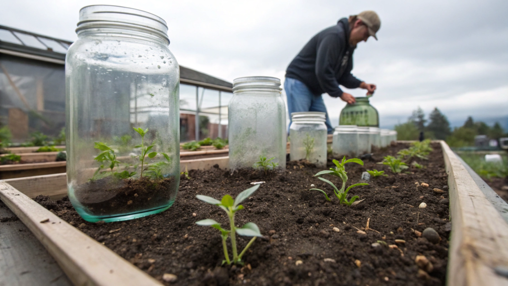 Glass jars - a cheap and effective mini greenhouse