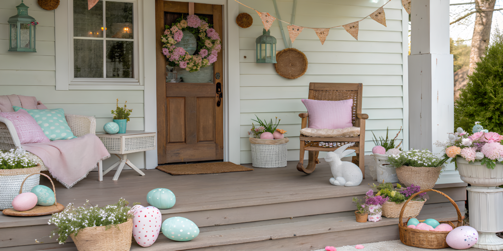 Spring Porch Decor Ideas. Bunnies & Flowers, Cozy, Country, Rustic Egg ...