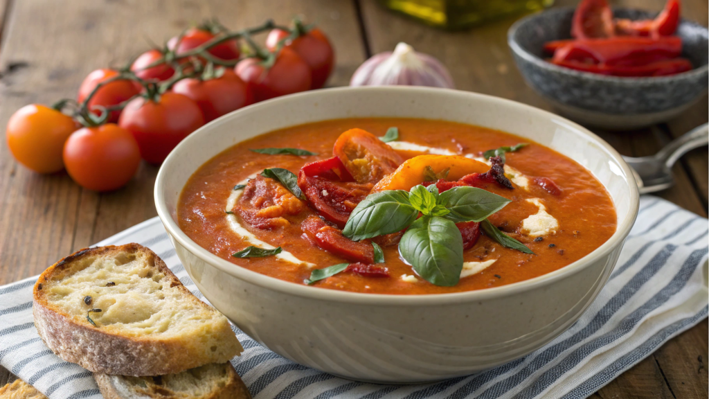 Soup of roasted peppers with tomatoes and basil