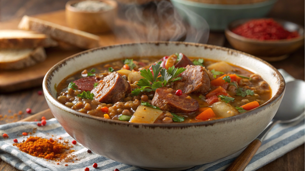 Spicy sausage and lentil soup