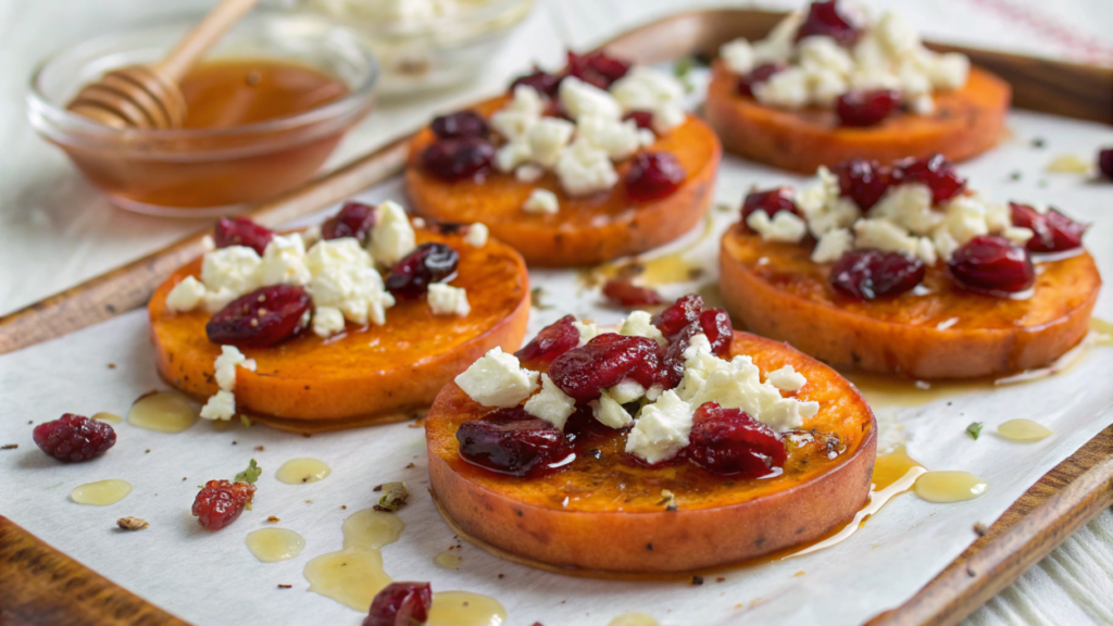 Yam circles with goat cheese and cranberries 