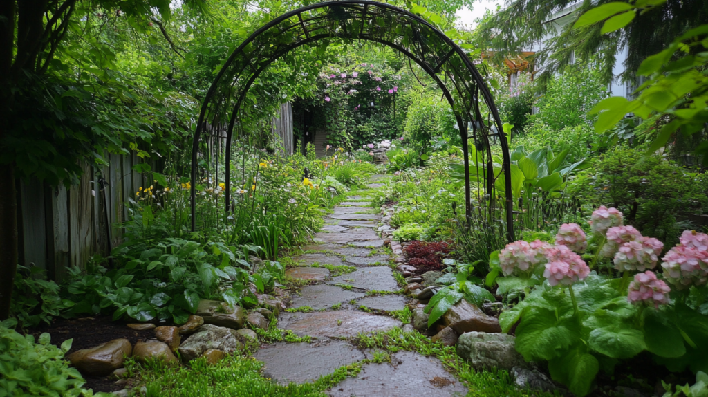 Upcycled Metal Garden Arch Above the Path