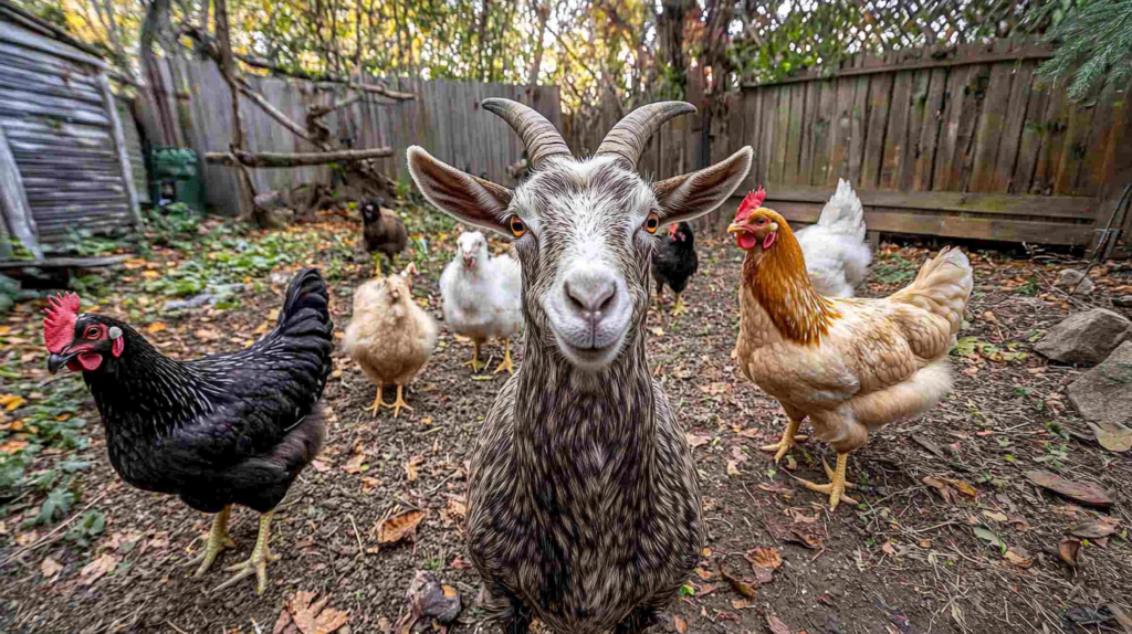 Goat surrounded by chickens