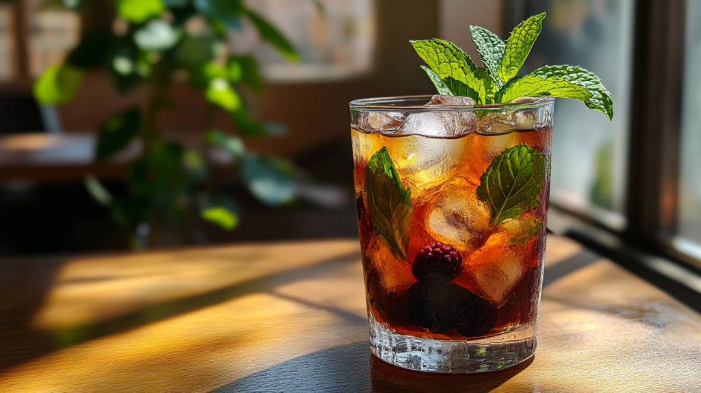 Iced beautyberry tea with mint garnish