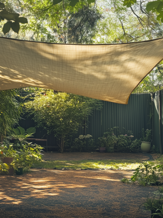 Shade cloth tent in a small private garden