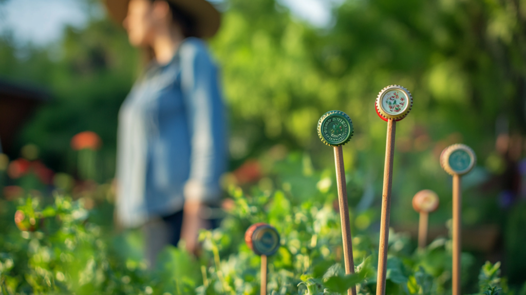 DIY bottle caps garden stakes