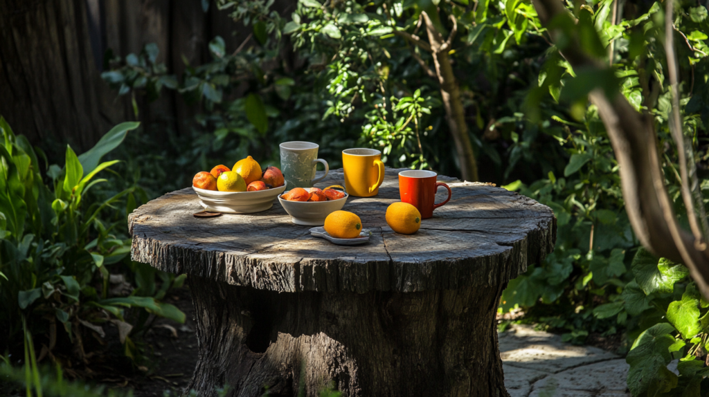 Upcycled Tree Stump Table Idea for a Garden