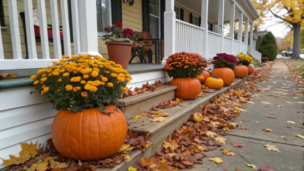 Fall Porch Flowers Planted in Hollowed-Out Pumpkins