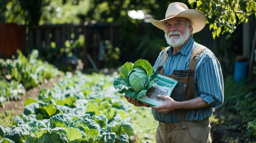 A man holds in his hands an autumn crop - cabbage for planting