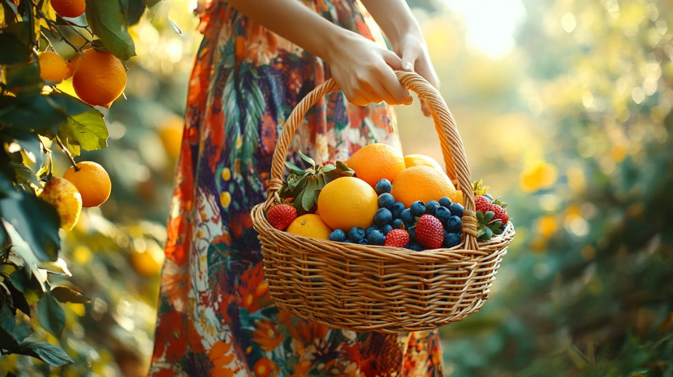 A girl holds a wicker basket with fruits in her hands