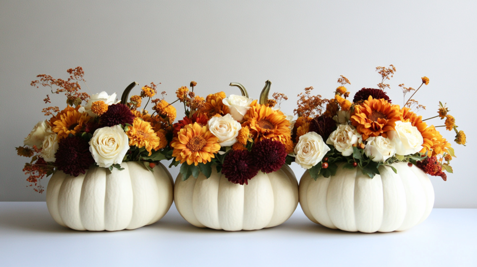 Flower arrangements with white pumpkins