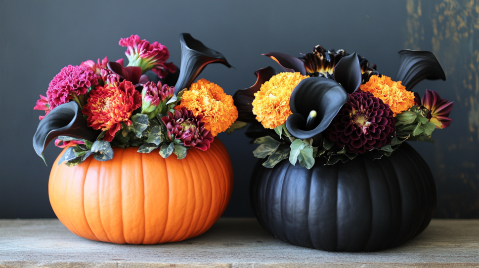 Halloween flower arrangements with black and orange pumpkins