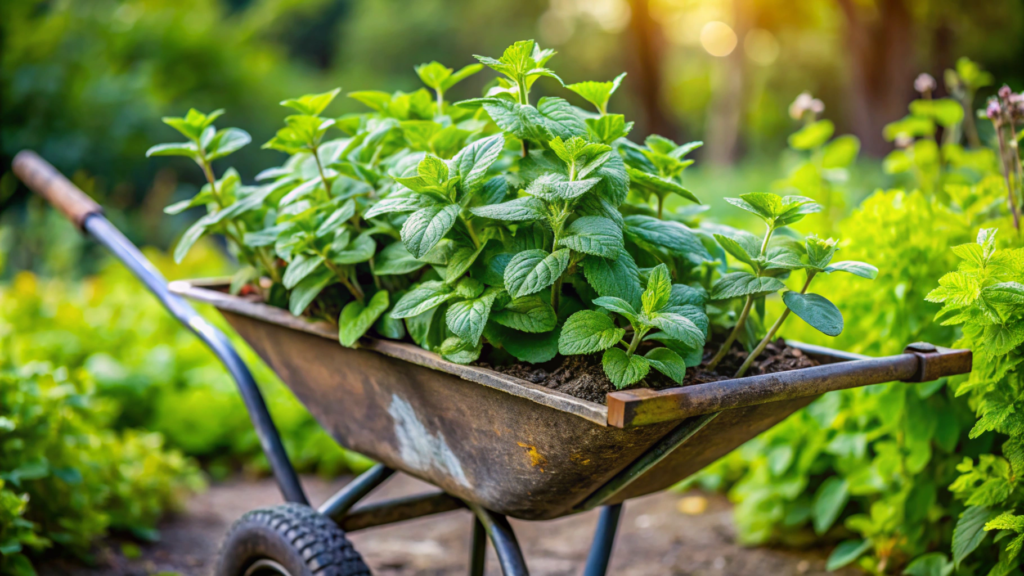 mint in an old wheelbarrow