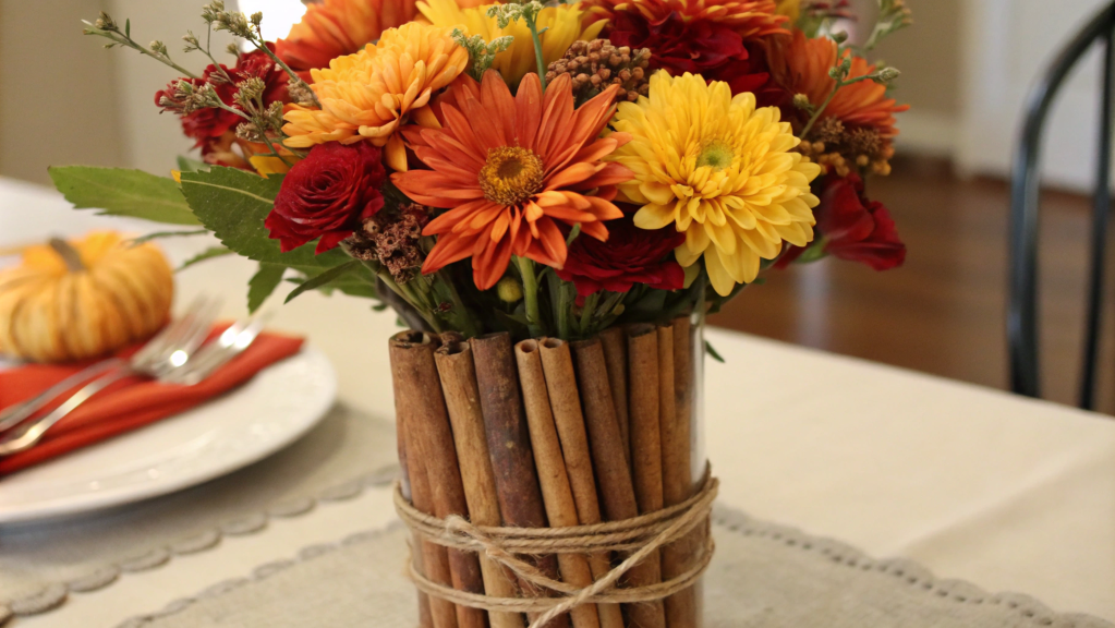 Flower centerpieces with cinnamon sticks