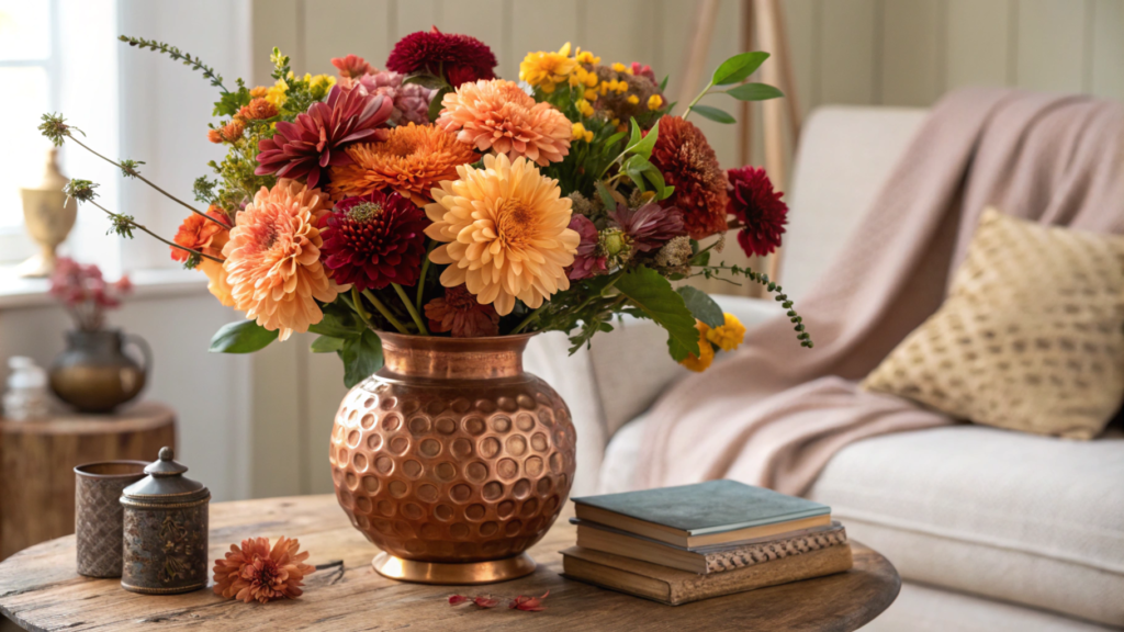 Copper vase with fall flowers