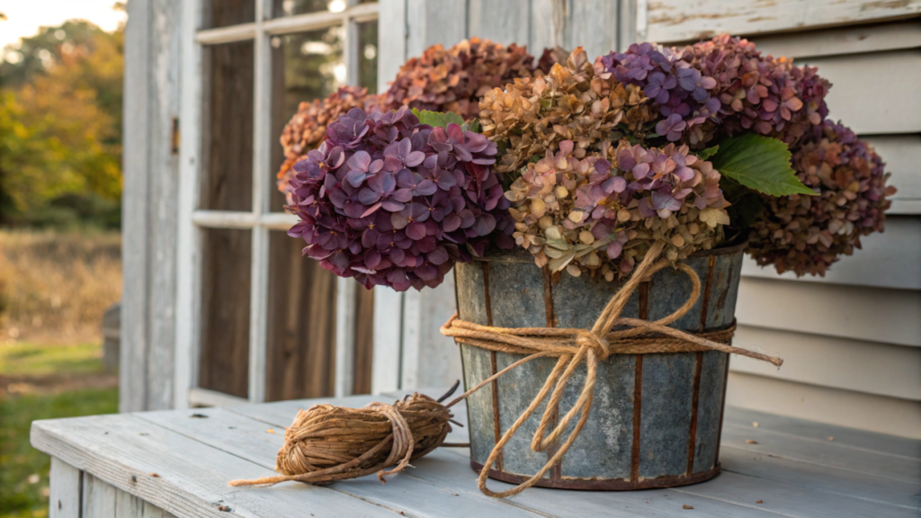 Dried hydrangeas and vines