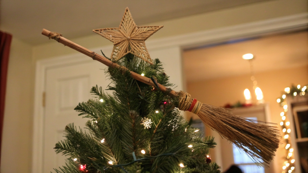 A Broomstick on top of a Christmas tree