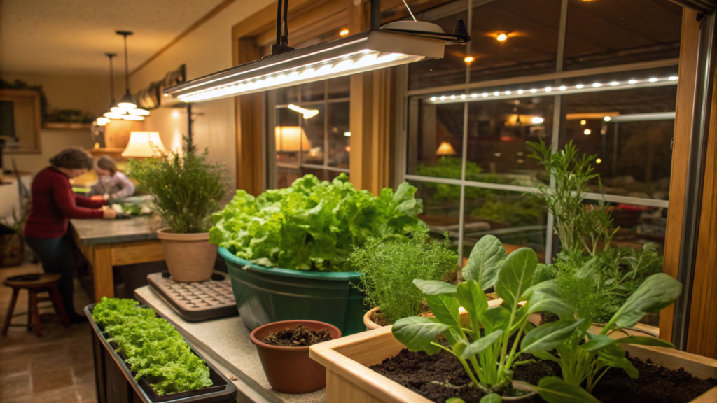 Vegetables grow indoors in winter