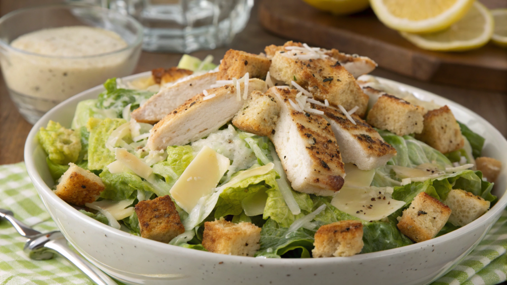 Chicken Caesar salad with homemade croutons and dressing