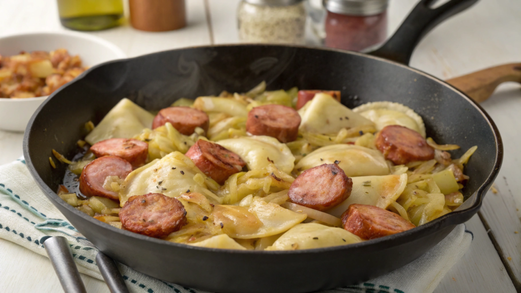 Kielbasa and Pierogi Skillet with Caramelized Onions