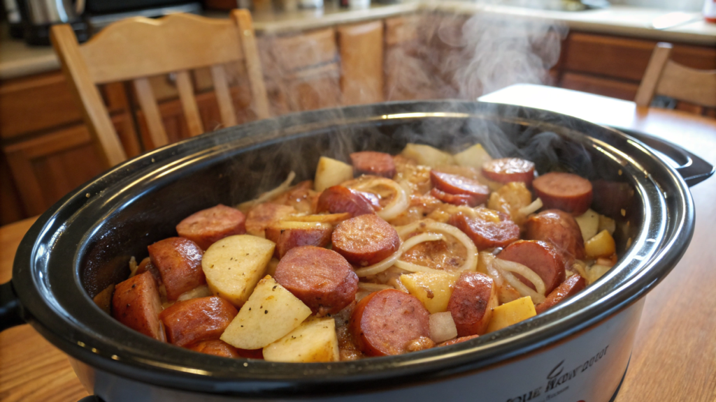 Slow Cooker Kielbasa with Potatoes and Onion Gravy