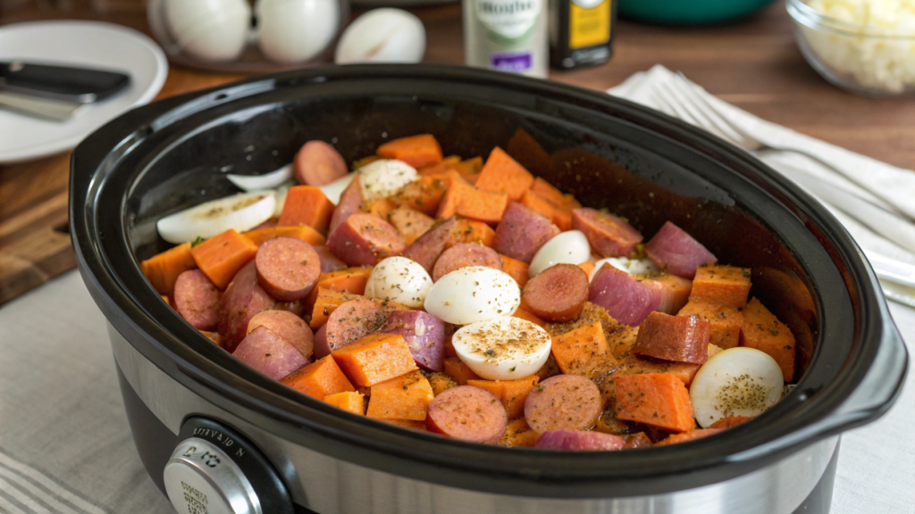 Kielbasa and Sweet Potato Slow Cooker Hash