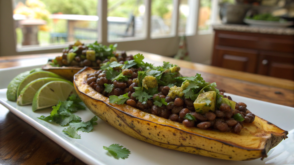 Lentil-Stuffed Plantains with Cilantro Salsa for Summer Dinner