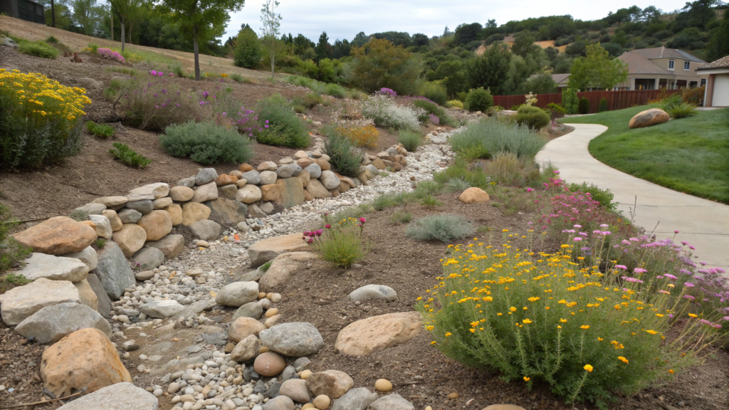 Dry Creek Bed Design with Drought-Tolerant Flowers