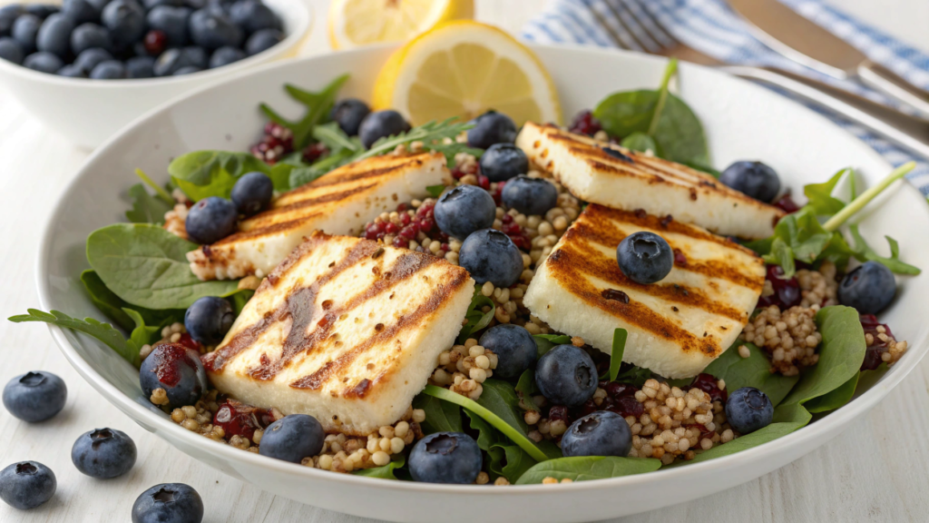 Grilled Halloumi & Blueberry Salad with Popped Quinoa for Summer Dinner