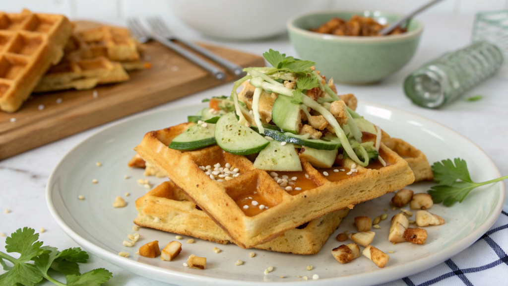 Crispy Tofu Waffles with Cucumber Slaw & Peanut Dressing for Summer Dinner