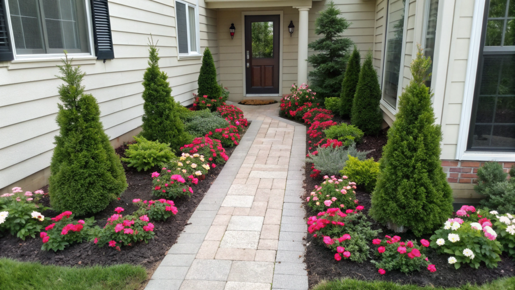Symmetrical Entryway Bed with Evergreens and Blooms