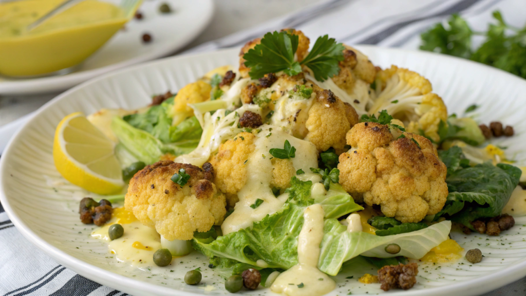Roasted cauliflower Caesar with lemon caper dressing