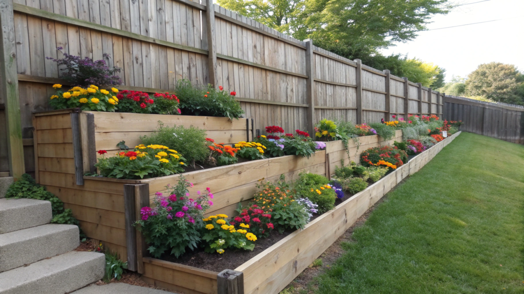 Tiered Flower Bed Against Backyard Fencing