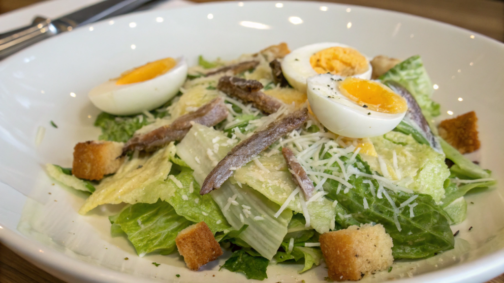 Authentic Caesar salad with raw egg and anchovy