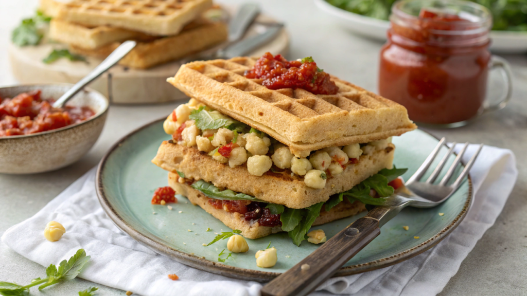Cold Chickpea Waffle Sandwich with Red Pepper Jam