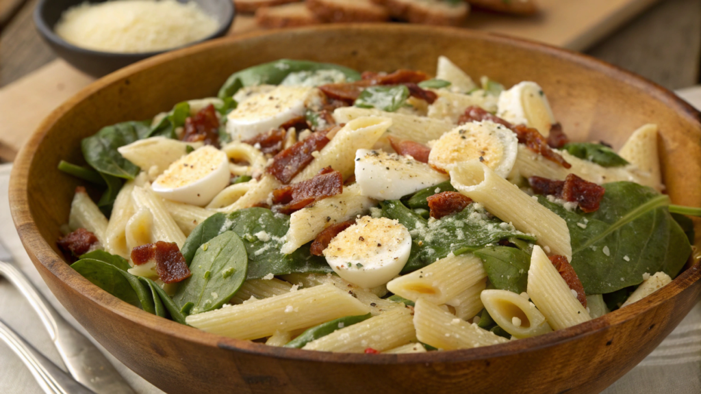Pasta Caesar salad with penne and baby spinach