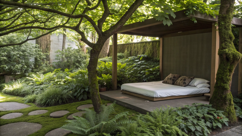 Shaded Retreat Bed Under a Tree Canopy